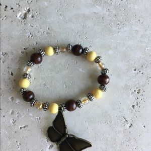 Handmade! Wood & yellow beads.  Butterfly charm!